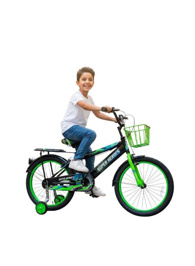 Super Hero 20-Inch Kids Bicycle – Green | Steel Frame, Training Wheels, Safety Brakes, Basket & Rear Carrier | Abo ElGoukh & Maxlerz® Warranty | For Boys & Girls (6–12 Years) - Image 1